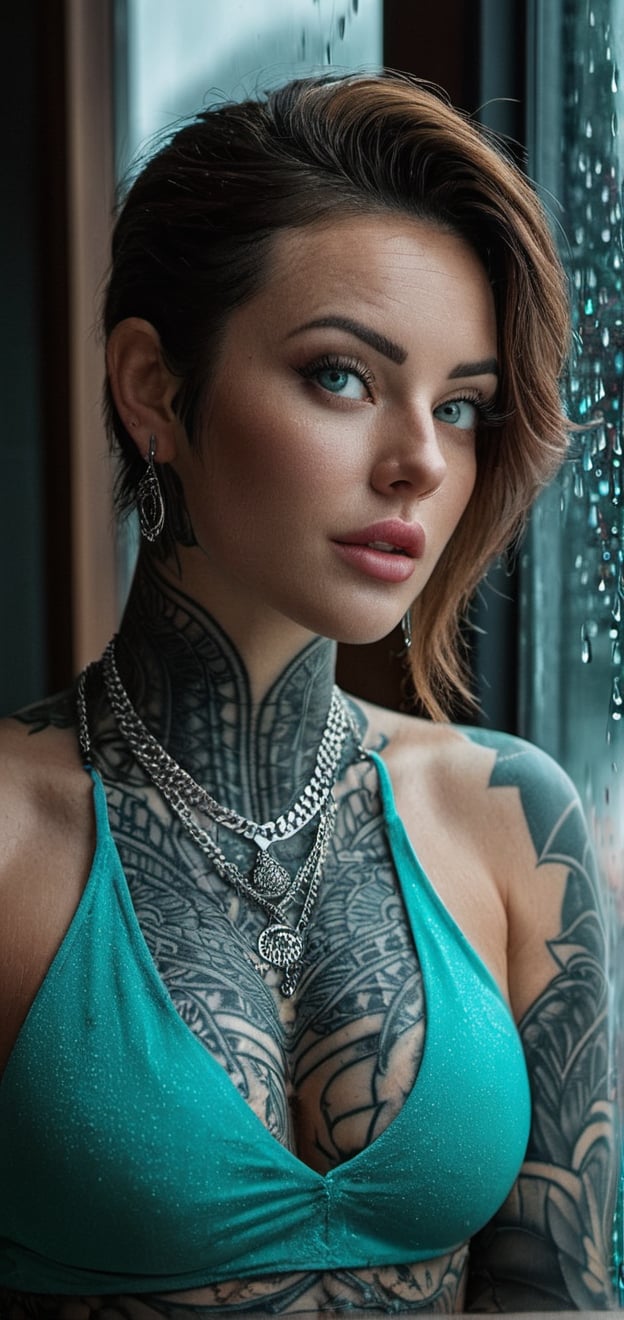 Turquoise eyes on a rainy day: Use a Fuji GFX 100s with a GF 110mm f/2 lens. I captured a woman with dazzling turquoise eyes, tattooed all over her body, perfect big breast, standing next to a rain-soaked window, reflecting the cloudy, diffuse daylight.,more detail XL