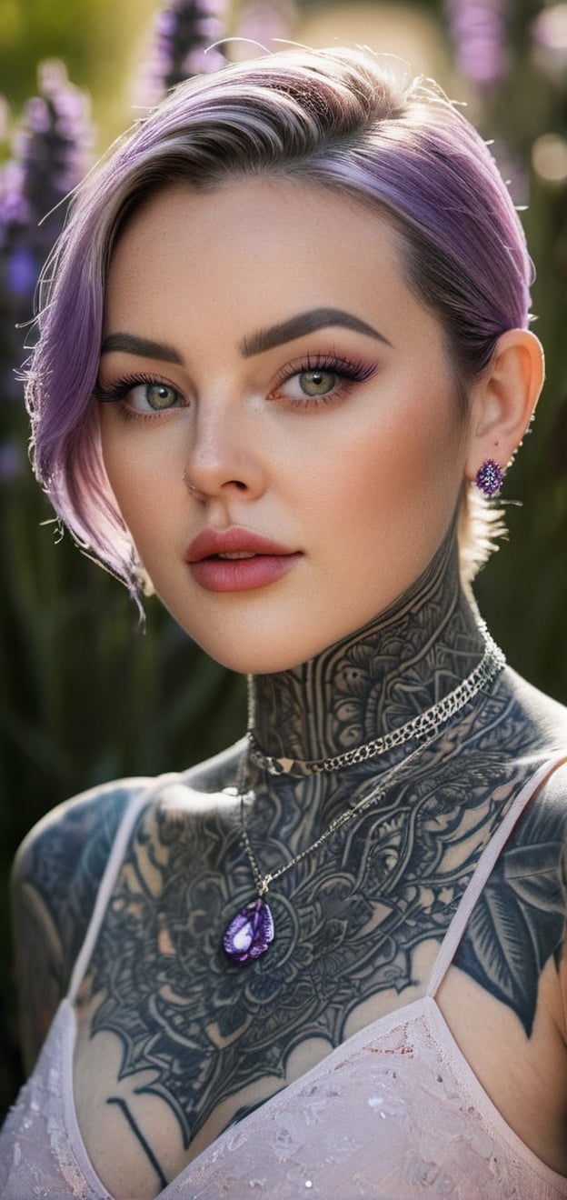 Lavender eyes with a floral background: Photograph a woman with soft lavender eyes using a Leica SL2-S and a Summilux-SL 90mm f/2 lens. tattooed all over her body, Use late afternoon light in a pastel garden.,