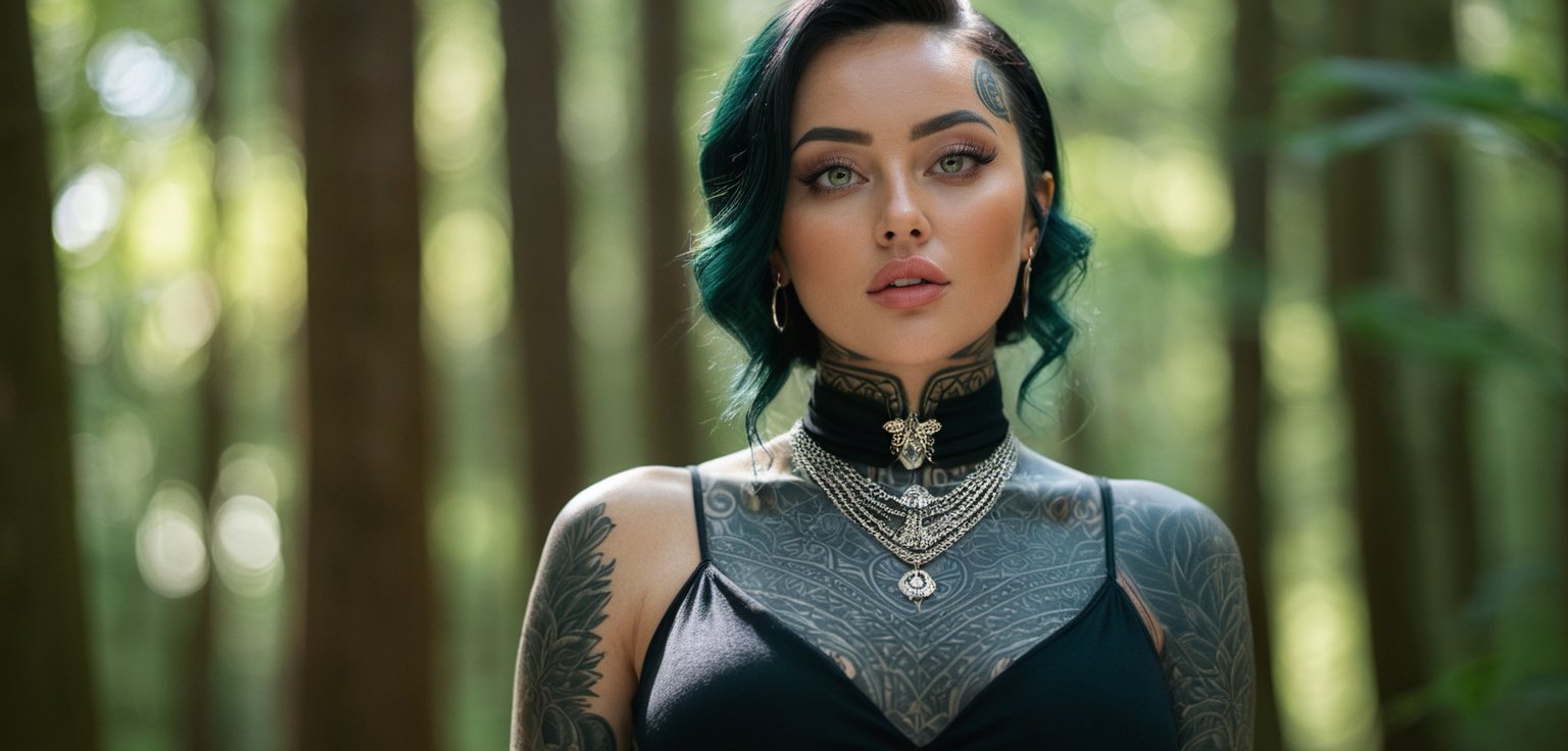 Jade Gaze in Forest Luminance: Take a woman with jade-colored eyes into a forest bathed in dappled sunlight, shooting with a Canon EOS R5 and RF 85mm f/1.2L USM lens, tattooed over her body, focusing on the rays highlighting her gaze