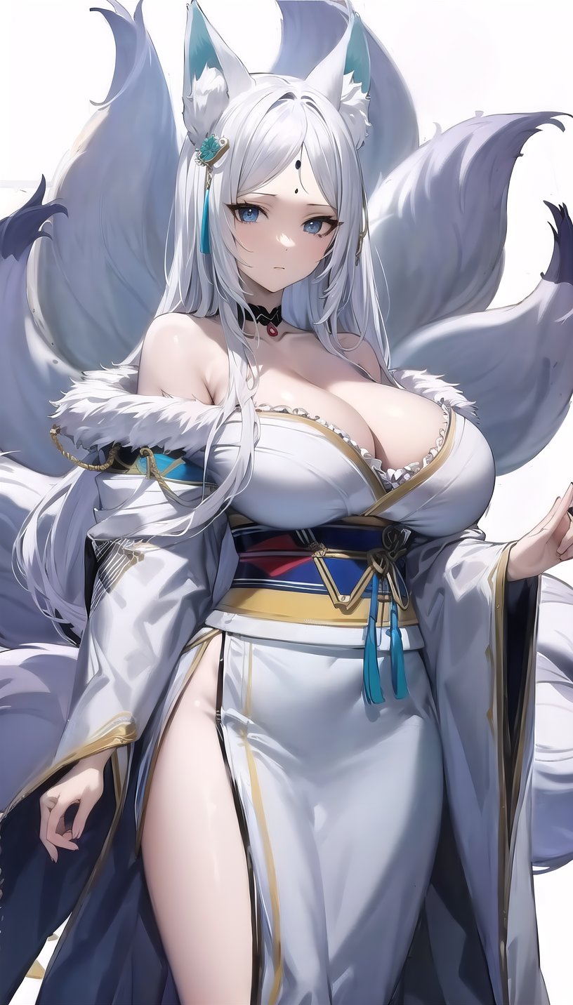 kyuubi, yukime-hairstyle, outfit-yukime kimono,white kimonno,forehead mark, tassel hair ornament, fox girl,lady,mature female,off shoulder,cowboy shot,(white background, simple background:1.08),highres,official art,original,masterpiece,best quality,(huge breasts),<lora:xueji2 8m3 wdm:0.7>