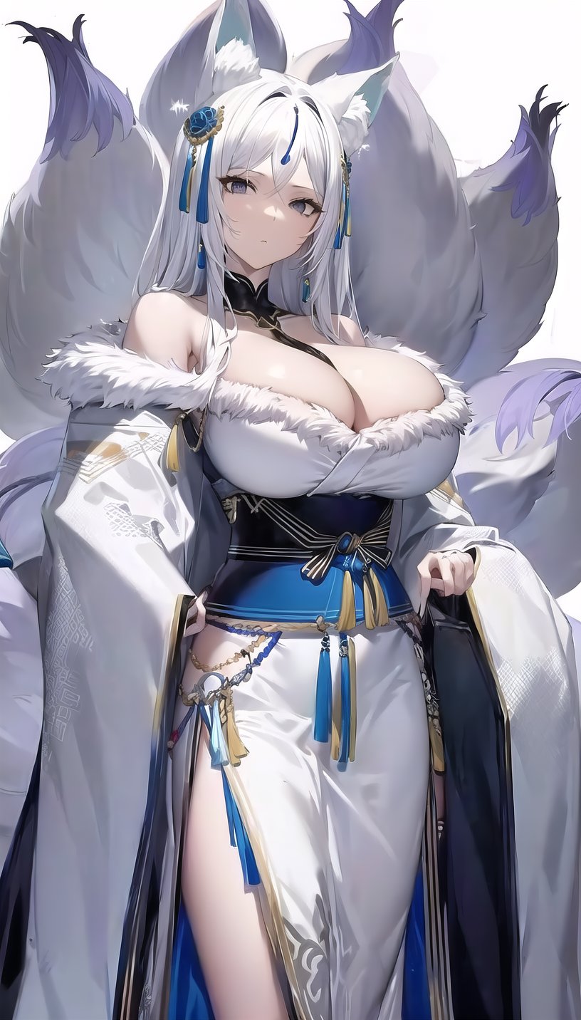 kyuubi, yukime-hairstyle, outfit-yukime kimono,((white kimonno)),forehead mark, tassel hair ornament, fox girl,lady,mature female,off shoulder,cowboy shot,(white background, simple background:1.08),highres,official art,original,masterpiece,best quality,(huge breasts),<lora:xueji2 8m3 wdm:0.8>