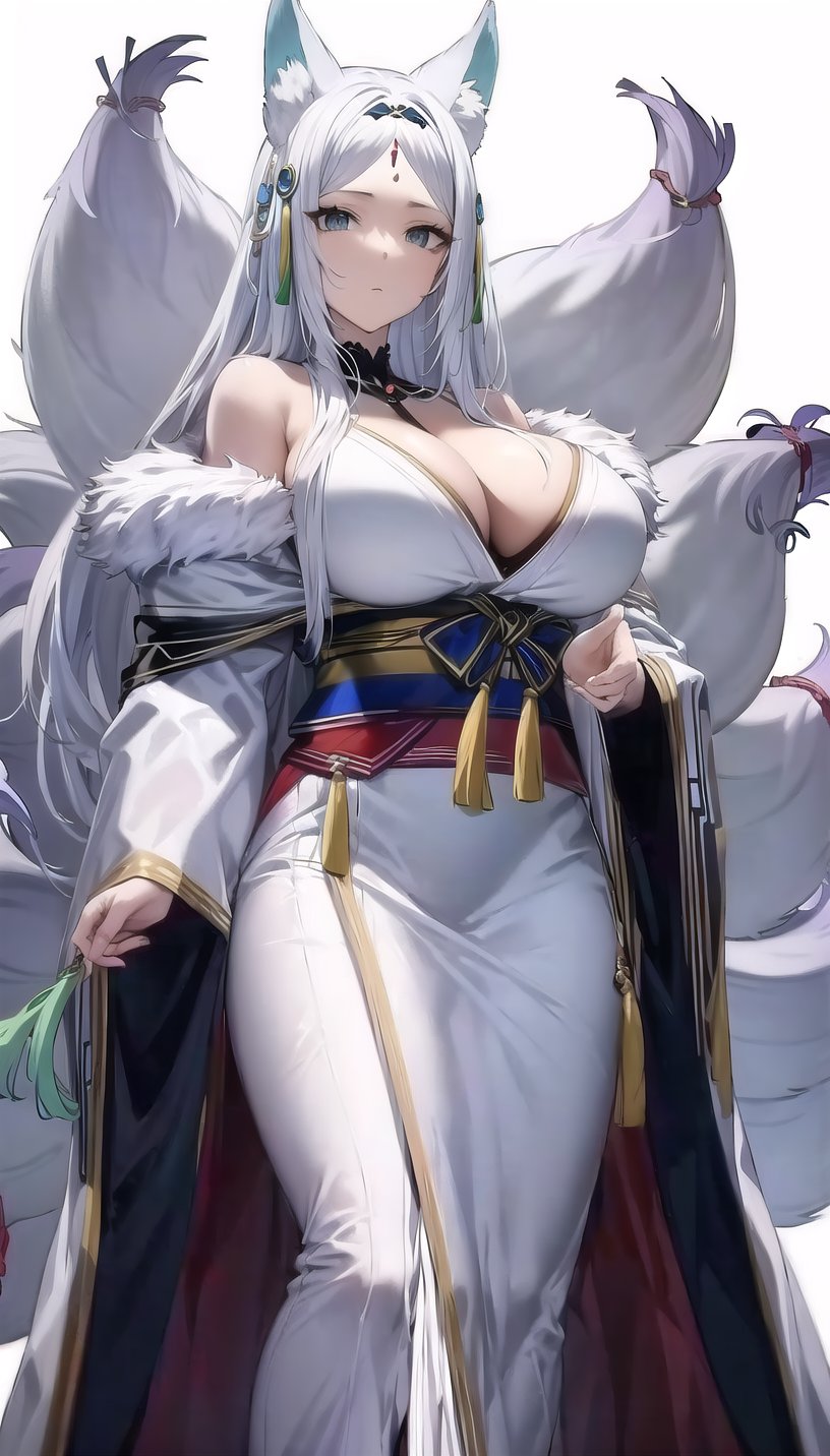 kyuubi, yukime-hairstyle, outfit-yukime kimono,white kimonno,forehead mark, tassel hair ornament, fox girl,lady,mature female,off shoulder,cowboy shot,(white background, simple background:1.08),highres,official art,original,masterpiece,best quality,(huge breasts),<lora:xueji2 8m3 wdm:0.7>