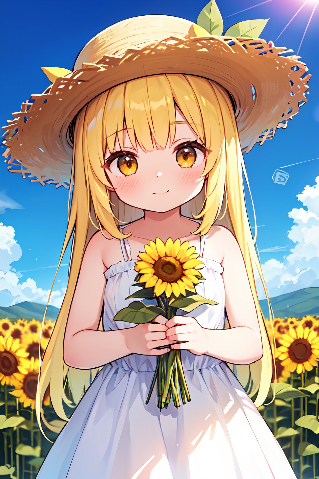 (absurdres, highres, ultra detailed, high resolution:1.1), 1girl, solo, bangs, bare shoulders, yellow hair, orange eyes, blue sky, blush, closed mouth, cloud, cloudy sky, condensation trail, day, dress, eyebrows visible through hair, field, flower, flower field, hat, hat flower, holding flower, horizon, lens flare, long hair, looking at viewer, mountain, ocean, outdoors, sky, sleeveless, sleeveless dress, smile, straw hat, summer, sun, sunflower, sunflower hair ornament, sunlight, white dress, yellow flower, nice hands, perfect hands,
