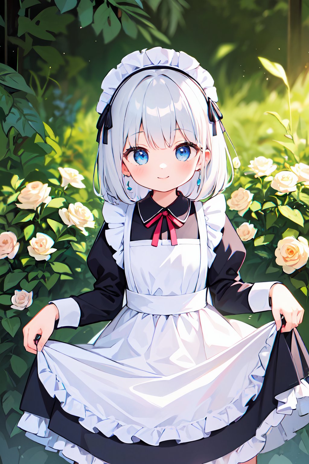 (absurdres, highres, ultra detailed, high resolution:1.1), 1girl, solo, silver hair, blue eyes, cinematic angle, flower garden, light particles, maid, maid headdress, apron, earring, cute, smile, skirt lift, nice hands, perfect hands,
