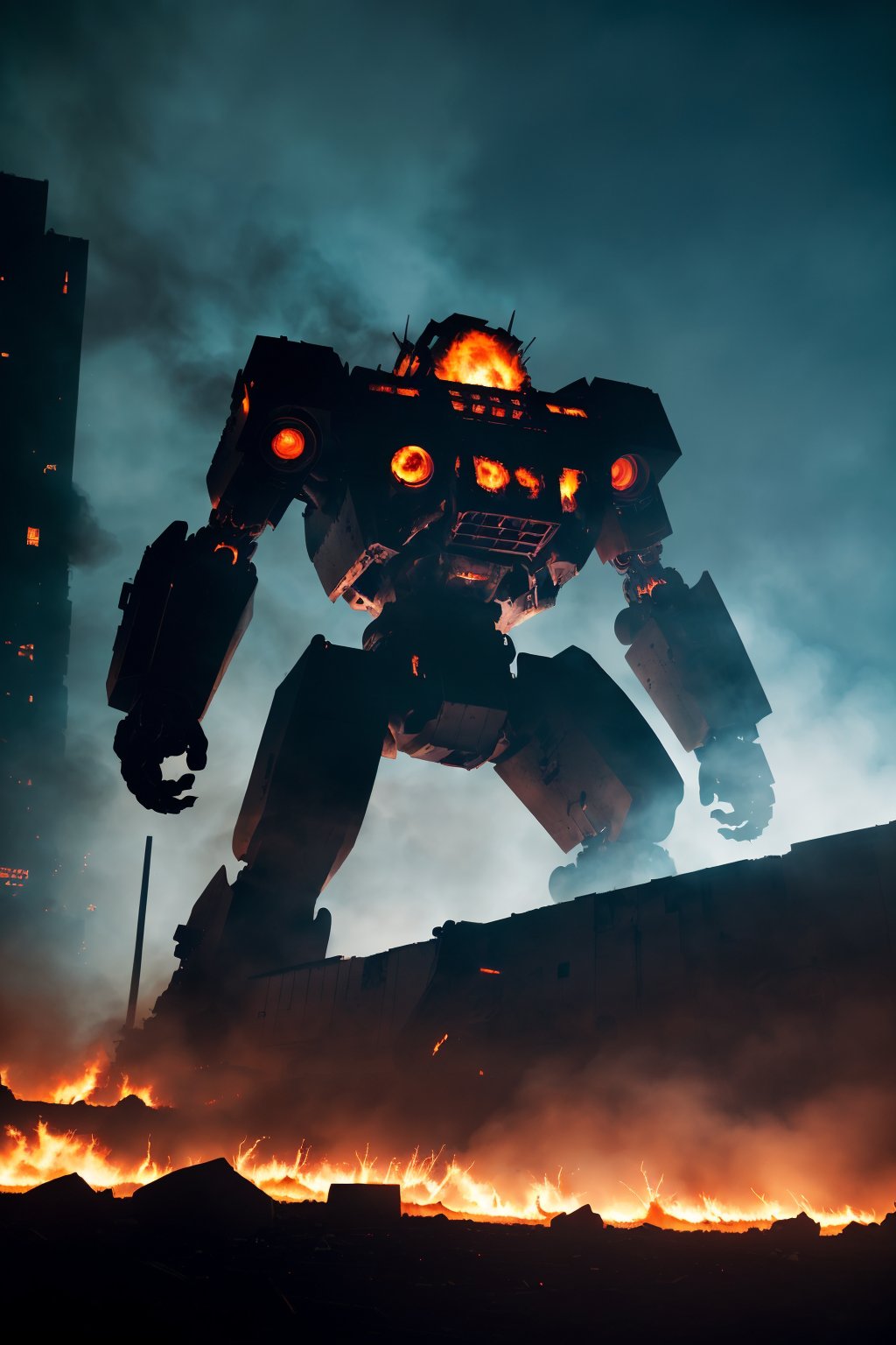 (raw photo, morbid horror:1.2), (a giant battle cyborg:1.1), angry, fullmetal, robotic, mechanical parts, (burning city background:1.2), slate atmosphere, cinematic, dimmed colors, dark shot, muted colors, film grainy, lut, spooky