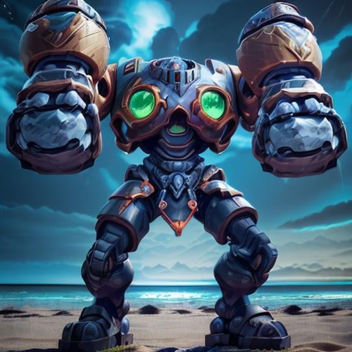 (((a robot on the beach lifting his arms ))) <lora:CalibrettoBattleChasersLora:0.6> robot, mecha, full body, armor, glowing, clenched hands, science fiction, shoulder armor,  detailed pupils, 4k textures, soft cinematic light, cinematic look, insane details, hyperdetailed,  <lora:more_details:0.5>