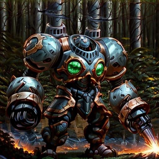 (((a robot in a forest fireing a gun))) <lora:CalibrettoBattleChasersLora:0.7> robot, mecha, full body, armor, glowing, clenched hands, science fiction, shoulder armor,  detailed pupils, 4k textures, soft cinematic light, cinematic look, insane details, hyperdetailed, hyperrealistic, realistic <lora:more_details:0.5>