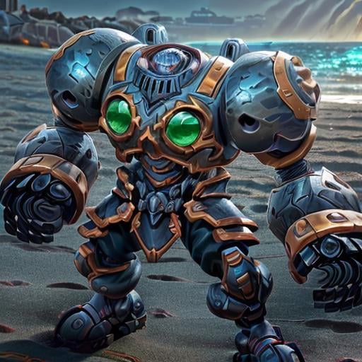 (((a robot on the beach in a fighting stance))) <lora:CalibrettoBattleChasersLora:0.7> robot, mecha, full body, armor, glowing, clenched hands, science fiction, shoulder armor,  detailed pupils, 4k textures, soft cinematic light, cinematic look, insane details, hyperdetailed, hyperrealistic, realistic <lora:more_details:0.5>