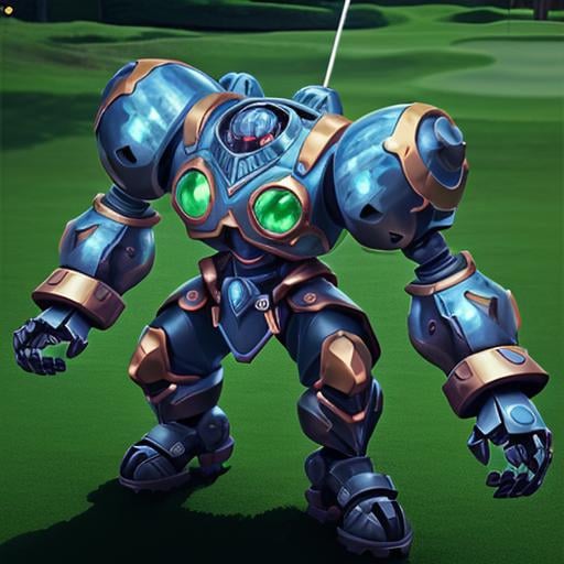 a robot playing golf on a golf field <lora:CalibrettoBattleChasersLora:0.5> robot, mecha, full body, armor, glowing, clenched hands, science fiction, shoulder armor