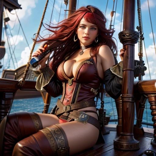 (((a woman drinking rum on a old pirate ship, full body))) <lora:RedMonikaBattleChasersLora:0.6> 1girl, long hair, red hair, gloves, jewelry, earrings, headband, green eyes, choker, weapon, cleavage, beautiful eyes, beautiful girl, high detail skin, high detail eyes, high detail hair, ((highres, ultra detailed:1.3))highres, ultra detailed:1.3)), 4k, high quality, ultra realistic, sharpen image, Highly detailed,masterpiece, best quality, (photorealistic:1.4),30 years old