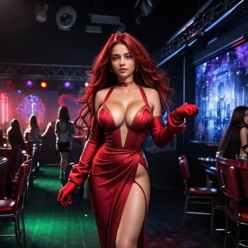 (((a woman wearing red dress dancing in a club, full body))) <lora:RedMonikaBattleChasersLora:0.6> 1girl, long hair, red hair, gloves, jewelry, earrings, headband, green eyes, choker, weapon, cleavage, beautiful eyes, beautiful girl, high detail skin, high detail eyes, high detail hair, ((highres, ultra detailed:1.3))highres, ultra detailed:1.3)), 4k, high quality, ultra realistic, sharpen image, Highly detailed,masterpiece, best quality, (photorealistic:1.4),30 years old