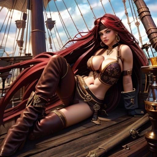 (((a woman drinking rum on a old pirate ship, full body))) <lora:RedMonikaBattleChasersLora:0.9> 1girl, long hair, red hair, gloves, jewelry, earrings, headband, green eyes, choker, weapon, cleavage, beautiful eyes, beautiful girl, high detail skin, high detail eyes, high detail hair, ((highres, ultra detailed:1.3))highres, ultra detailed:1.3)), 4k, high quality, ultra realistic, sharpen image, Highly detailed,masterpiece, best quality, (photorealistic:1.4),30 years old