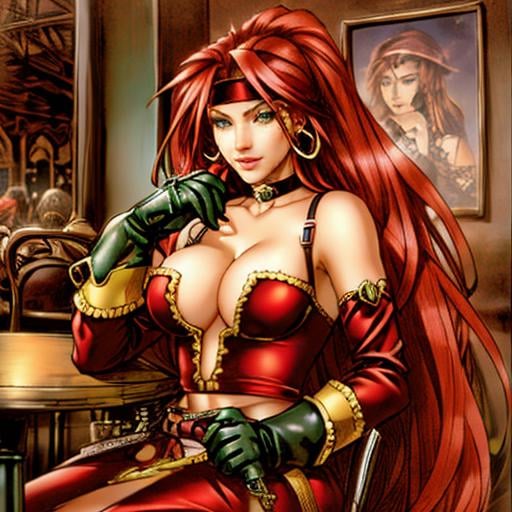 <lora:RedMonikaBattleChasersLora:0.7> 1girl, long hair, red hair, gloves, jewelry, earrings, headband, green eyes, choker, weapon, cleavage, beautiful eyes, sitting in a cafe drinking tea