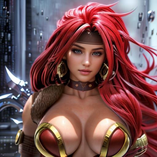 a woman with weapons <lora:RedMonikaBattleChasersLora:1> 1girl, long hair, red hair, gloves, jewelry, earrings, headband, green eyes, choker, weapon, cleavage, beautiful eyes, beautiful girl, high detail skin, high detail eyes, high detail hair, ((highres, ultra detailed:1.3))highres, ultra detailed:1.3)), 4k, high quality, ultra realistic, sharpen image, Highly detailed,masterpiece, best quality, (photorealistic:1.4),