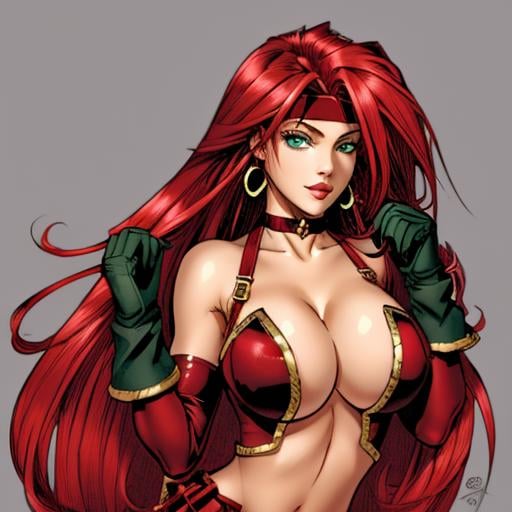 <lora:RedMonikaBattleChasersLora:0.6> 1girl, long hair, red hair, gloves, jewelry, earrings, headband, green eyes, choker, weapon, cleavage, beautiful eyes, 