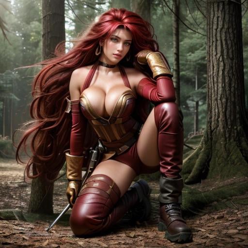 (((a woman fighting with a man in the forest, full body))) <lora:RedMonikaBattleChasersLora:0.6> 1girl, long hair, red hair, gloves, jewelry, earrings, headband, green eyes, choker, weapon, cleavage, beautiful eyes, beautiful girl, high detail skin, high detail eyes, high detail hair, ((highres, ultra detailed:1.3))highres, ultra detailed:1.3)), 4k, high quality, ultra realistic, sharpen image, Highly detailed,masterpiece, best quality, (photorealistic:1.4),30 years old