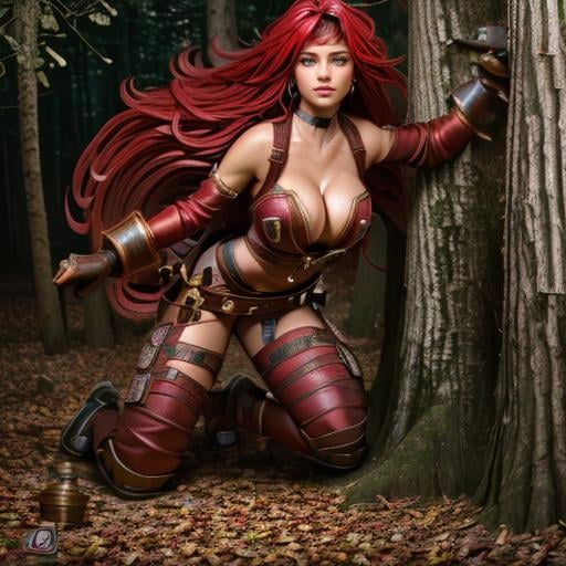 (((a woman fighting with a man in the forest, full body))) <lora:RedMonikaBattleChasersLora:0.9> 1girl, long hair, red hair, gloves, jewelry, earrings, headband, green eyes, choker, weapon, cleavage, beautiful eyes, beautiful girl, high detail skin, high detail eyes, high detail hair, ((highres, ultra detailed:1.3))highres, ultra detailed:1.3)), 4k, high quality, ultra realistic, sharpen image, Highly detailed,masterpiece, best quality, (photorealistic:1.4),30 years old