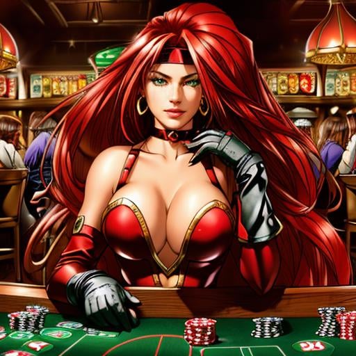 <lora:RedMonikaBattleChasersLora:0.7> 1girl, long hair, red hair, gloves, jewelry, earrings, headband, green eyes, choker, weapon, cleavage, beautiful eyes, a woman sitting in a old pub gambling with dices