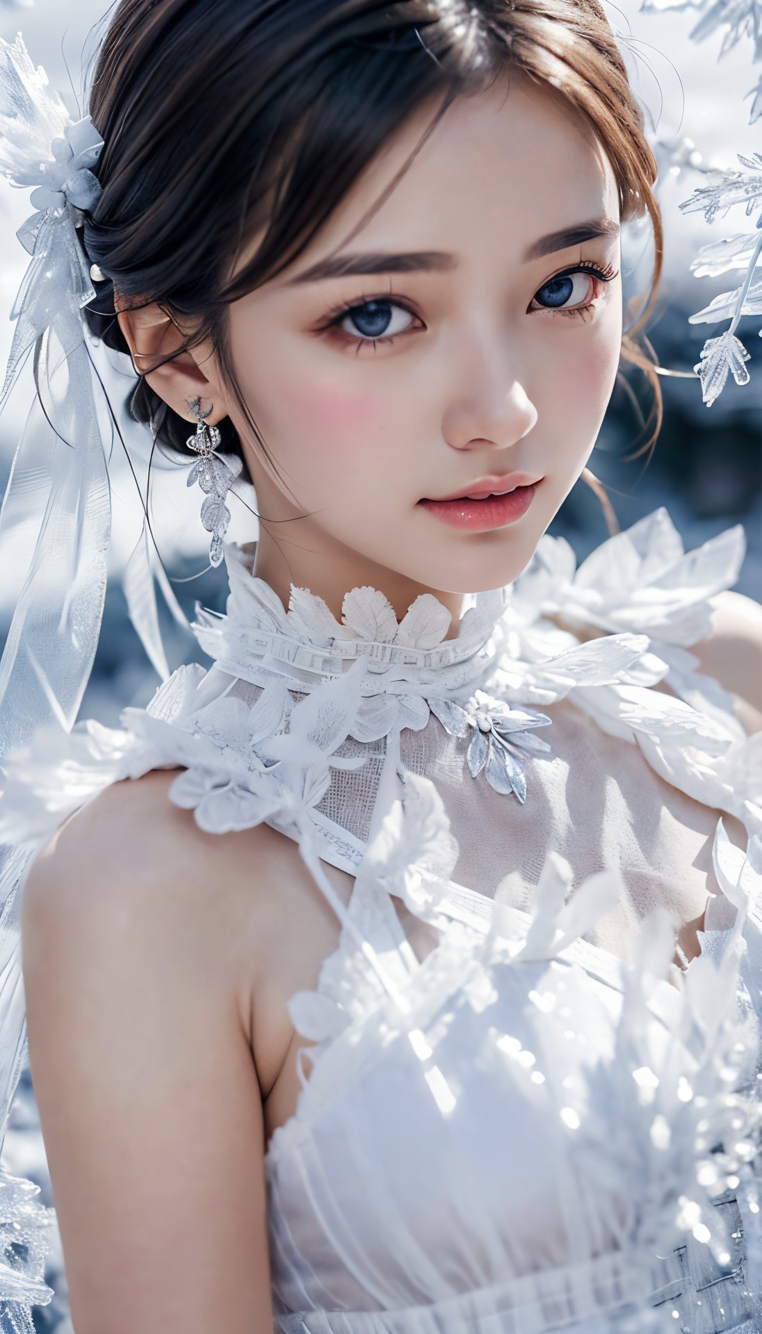 (best quality,  masterpiece:1.2), ultra detailed, (photo realistic:1.4), solo, cute girl, see-through white ruffle dress, snow_crystal_background,<lora:EMS-253237-EMS:0.800000>