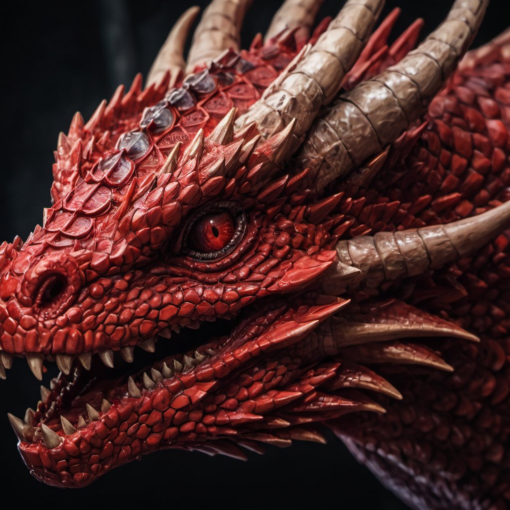 red dragon, closeup, focus on black reptilian eyes, intricately detailed scales, dynamic shadows, accent lighting, detailed bone horns