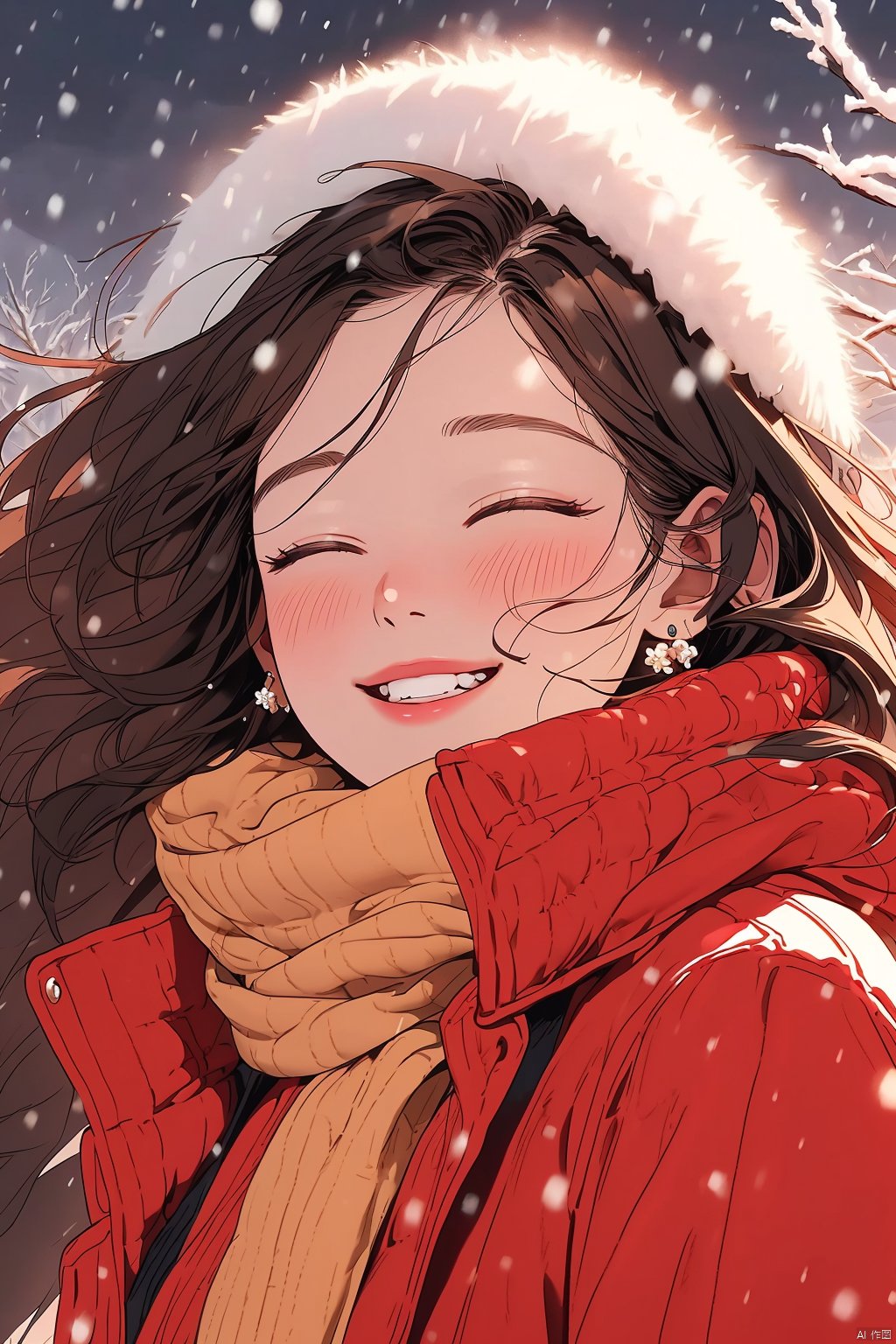 (best quality),(masterpiece),(ultra-detailed),illustration,8k wallpaper,best illustration,1girl, solo, smile, earrings,closed eyes, blush, long hair, teeth, floating hair, wind, black hair, scarf, upper body, winter clothes, jacket, coat, ^_^, eyelashes, facing viewer, parted lips, snowing, brown hair, lips, open clothes