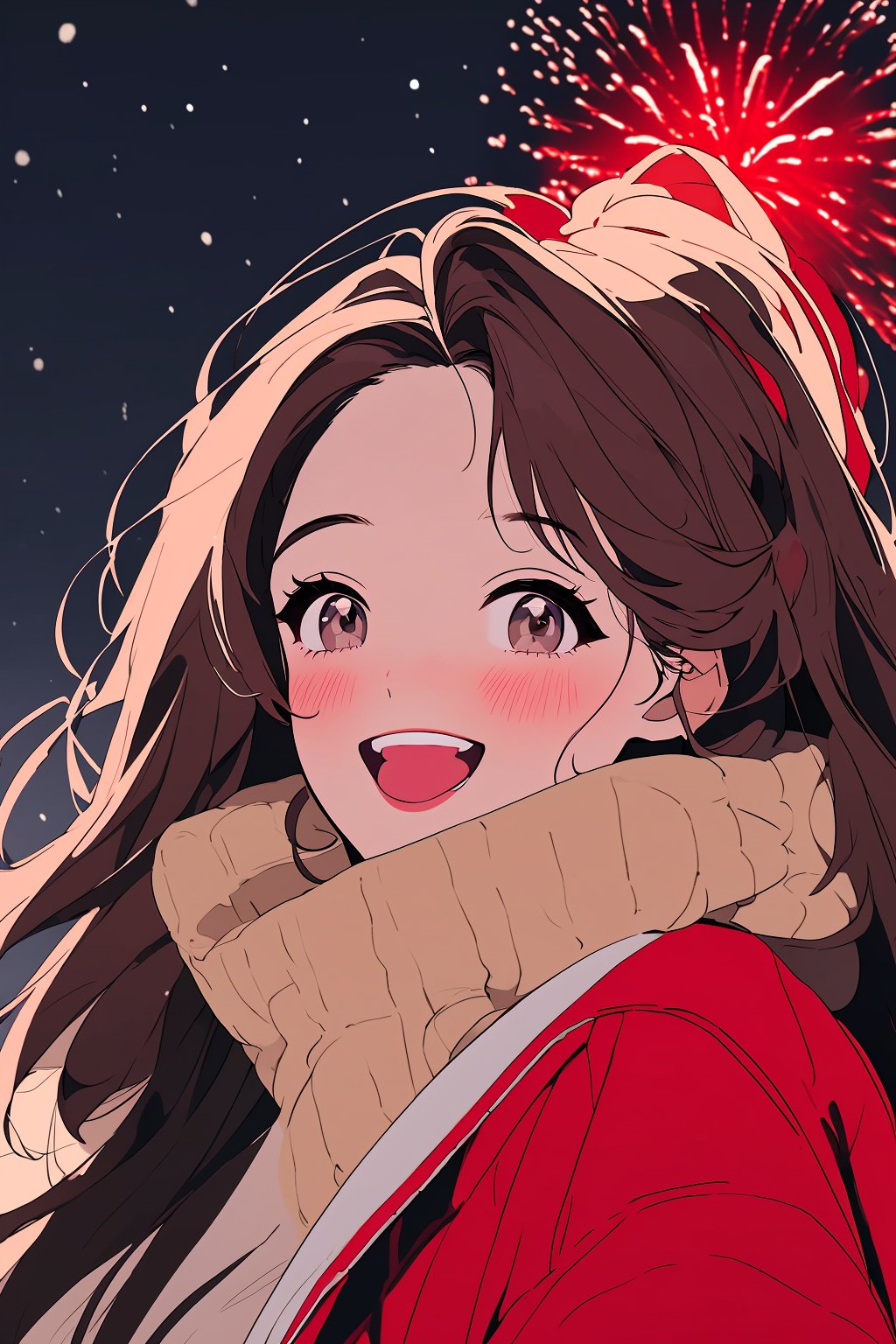 (best quality), (masterpiece), (ultra-detailed), illustration, an extremely delicate and beautiful girl, absurdres, incredibly absurdres,1girl, solo, fireworks, scarf, brown hair, red scarf, smile, long hair, open mouth, brown eyes, blush, looking at viewer, teeth, night, upper body, :d, aerial fireworks, coat, upper teeth only, sky, jacket, night sky, outdoors,<lora:20231228-1703744032438-0010:1>,