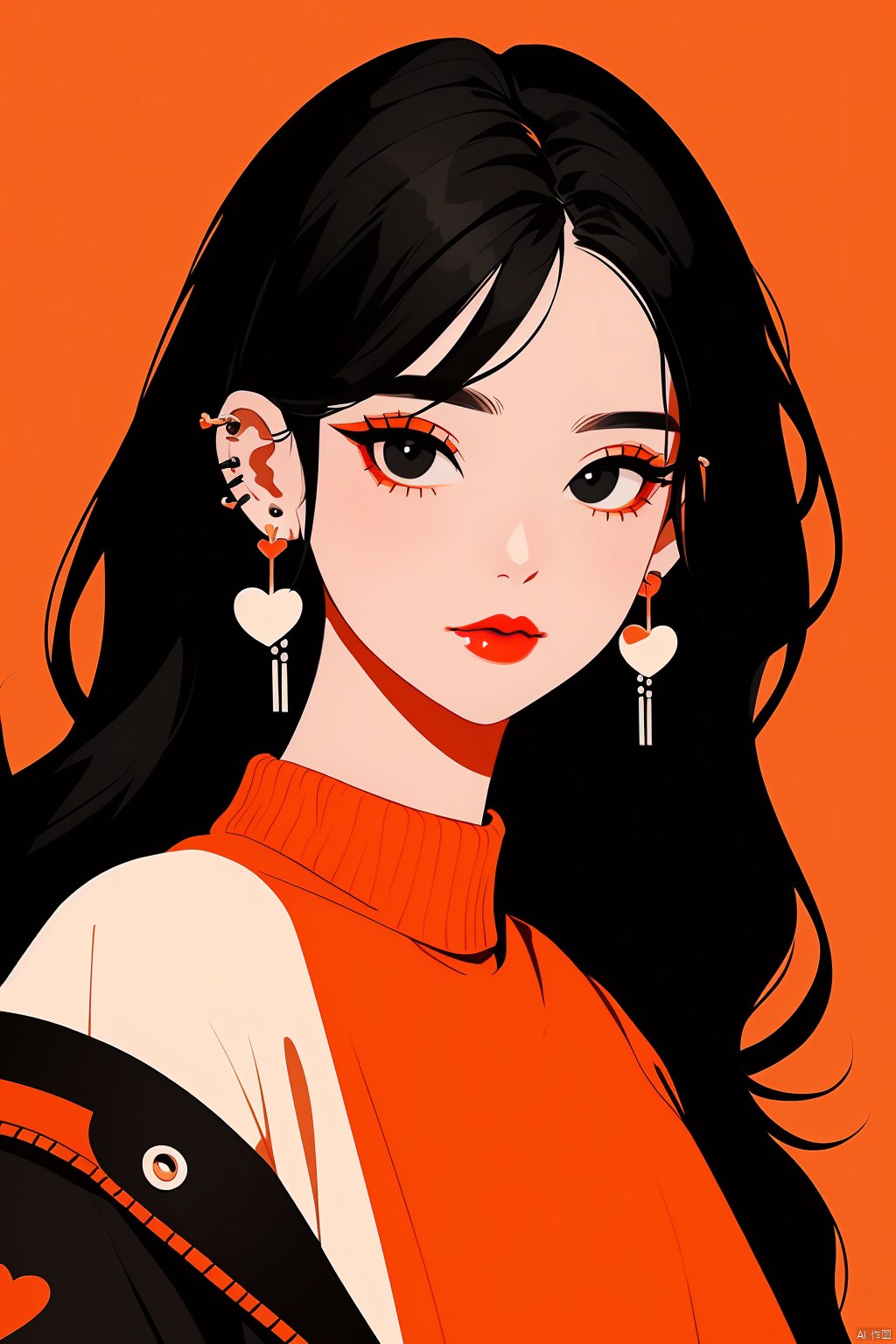 (best quality),(masterpiece),(ultra-detailed),illustration,8k wallpaper,best illustration,1girl, solo, jewelry, earrings, black hair, piercing, long hair, ear piercing, looking at viewer, black eyes, simple background, orange shirt, makeup, shirt, jacket, upper body, heart, sweater, red background, orange background, red lips, lipstick