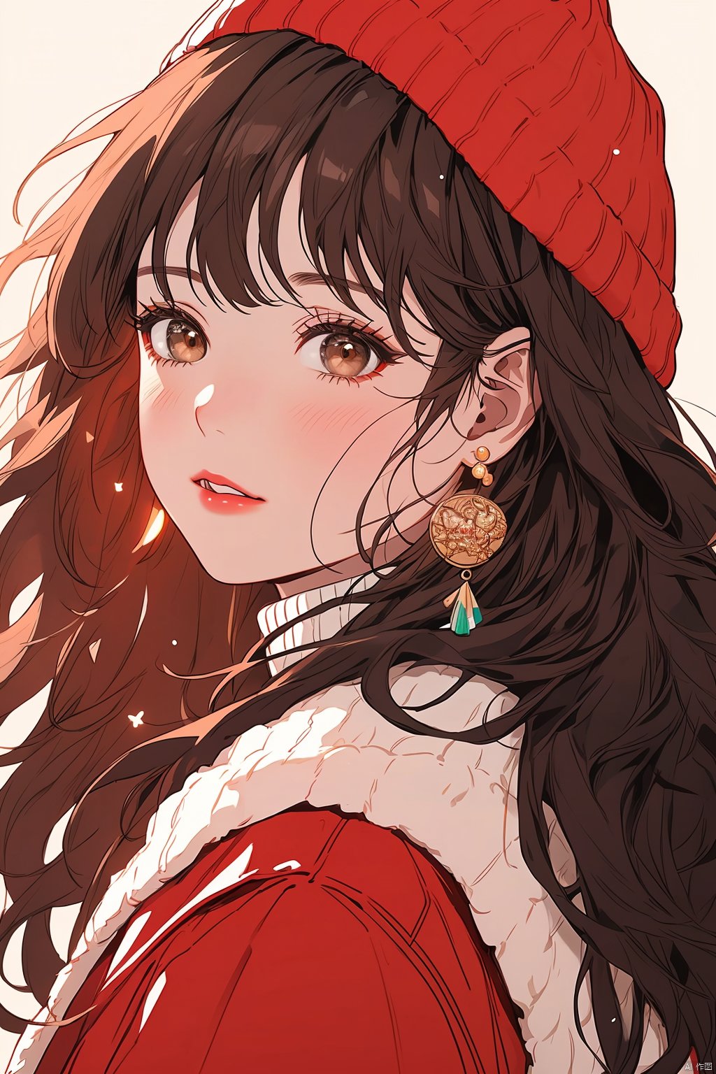 (best quality),(masterpiece),(ultra-detailed),illustration,8k wallpaper,best illustration,1girl, solo, jewelry,earrings, long hair, looking at viewer, hat, earrings, brown hair, parted lips, sweater, blush, beanie, upper body, turtleneck, red lips, white headwear, turtleneck sweater, from side, brown eyes, black background, red jacket, bangs