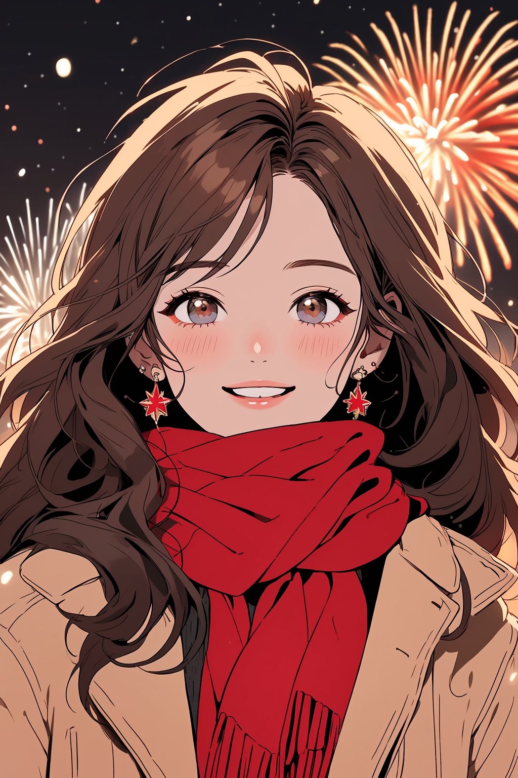 (best quality),(masterpiece),(ultra-detailed),illustration,8k wallpaper,best illustration,1girl,solo,scarf,red scarf,smile,fireworks,blush,long hair,looking at viewer,brown hair,upper body,parted lips,coat,sweater,night,jacket,jewelry,earrings,<lora:chgirlnewyear-0012:0.8>,