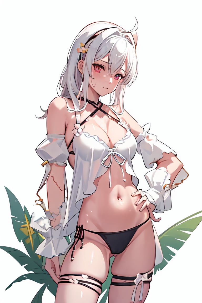 <lora:42_cover:1>,Alice,surtr swimsuit,1girl,solo,breasts,navel,stomach,cleavage,hand on hip,large breasts,white background,long sleeves,thighs,wet,sweat,halterneck,armpits,skindentation,standing,white sleeves,