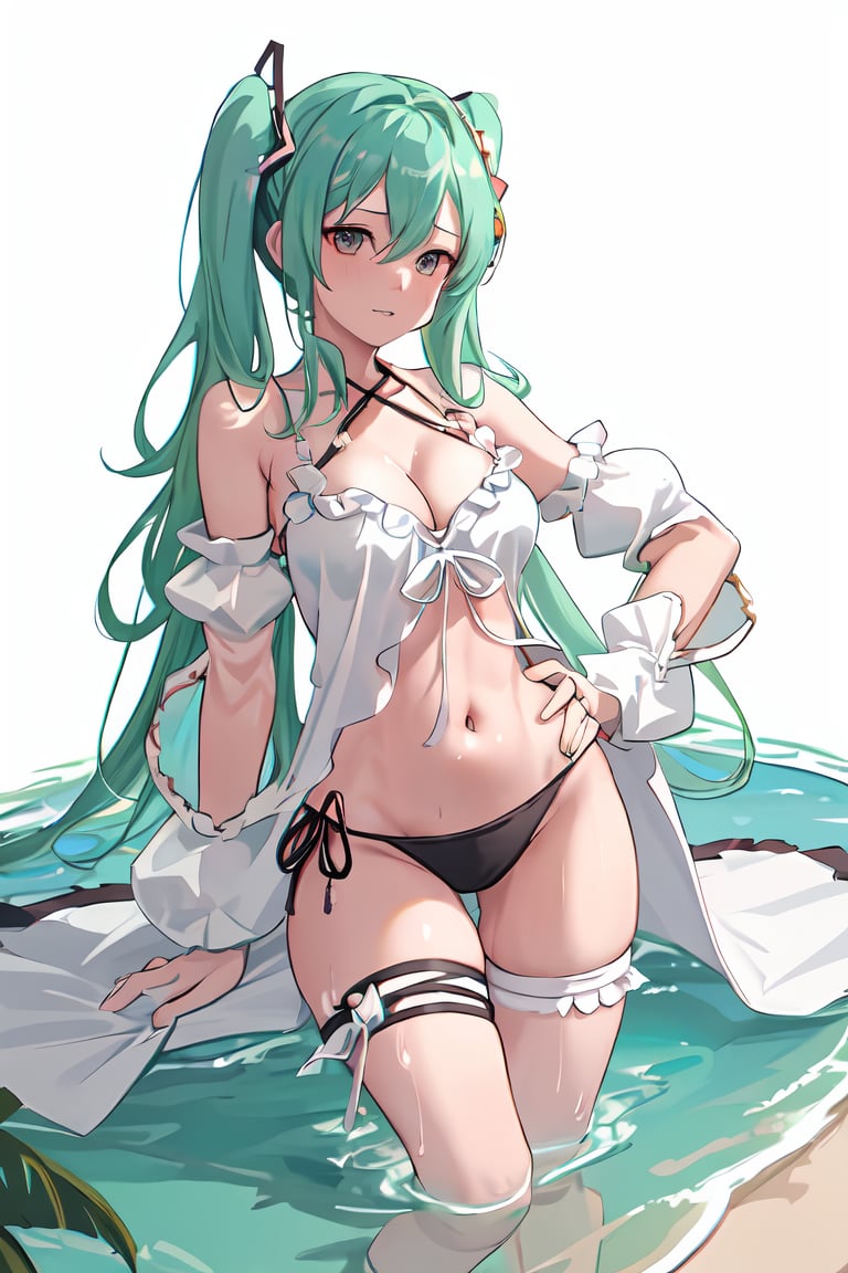 <lora:42_cover:1>,miku,surtr swimsuit,1girl,solo,breasts,navel,stomach,cleavage,hand on hip,large breasts,white background,long sleeves,thighs,wet,sweat,halterneck,armpits,skindentation,standing,white sleeves,