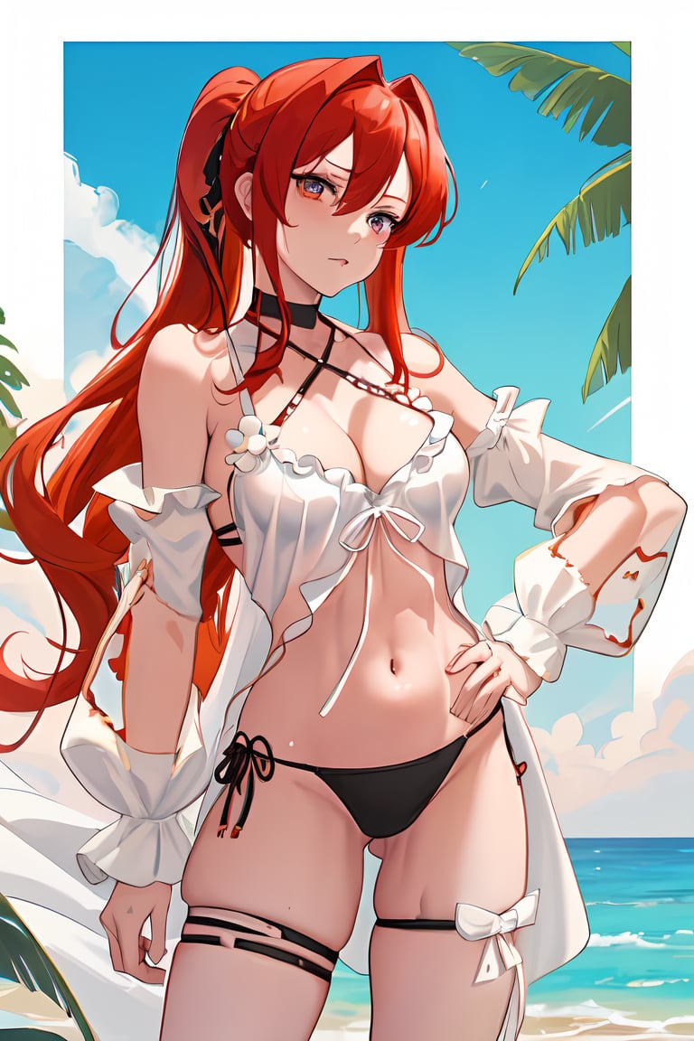 <lora:42_cover:1>,surtr swimsuit, 1girl, solo, breasts, red hair, long hair, navel, stomach, cleavage, hand on hip, large breasts, white background, long sleeves, thighs, very long hair, wet, simple background, sweat, halterneck, cowboy shot, armpits, skindentation, standing, white sleeves