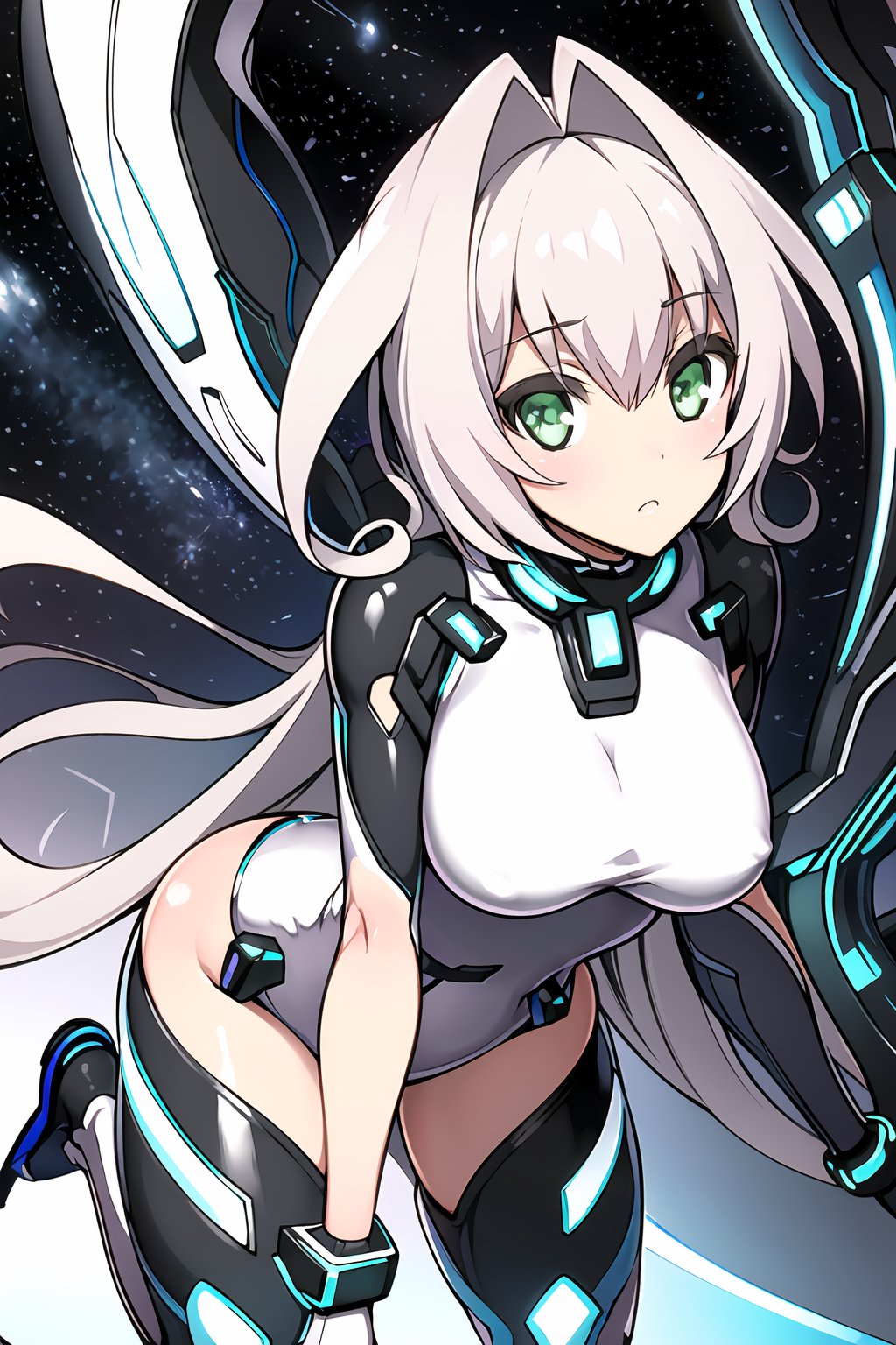 masterpiece, best quality, 1girl, emilia hermit, long silver hair, green eyes, battlesuit, cybernetic, space, stars