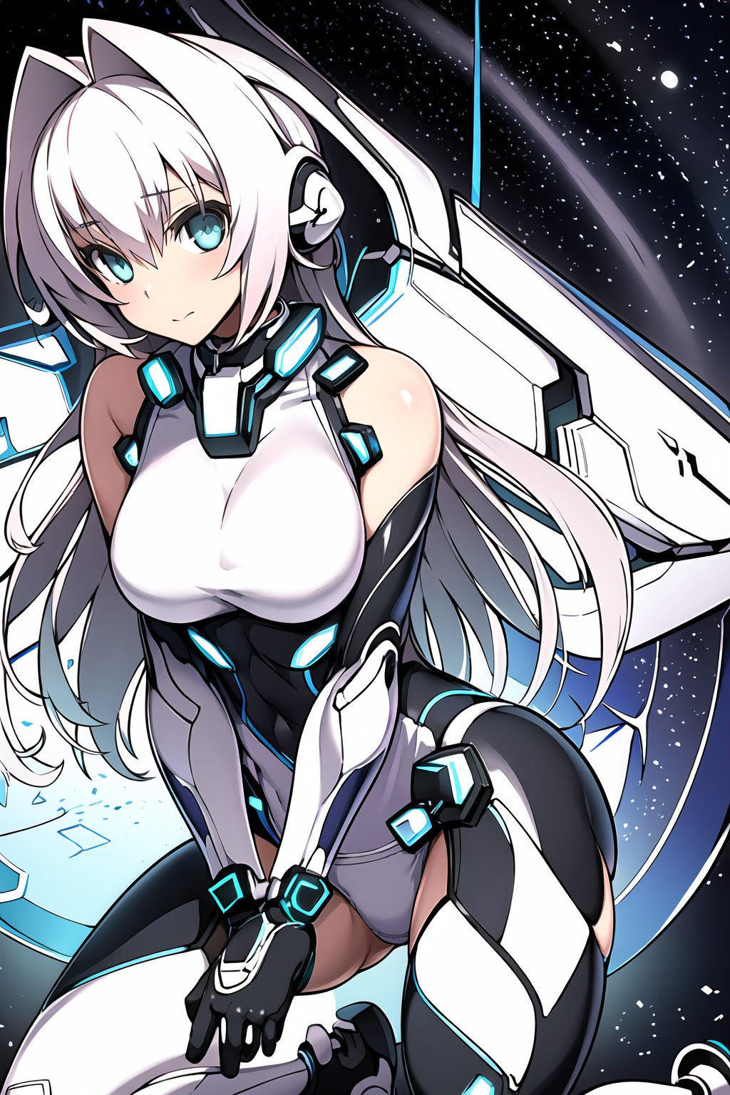 masterpiece, best quality, 1girl, emilia hermit, battlesuit, cybernetic, space, stars