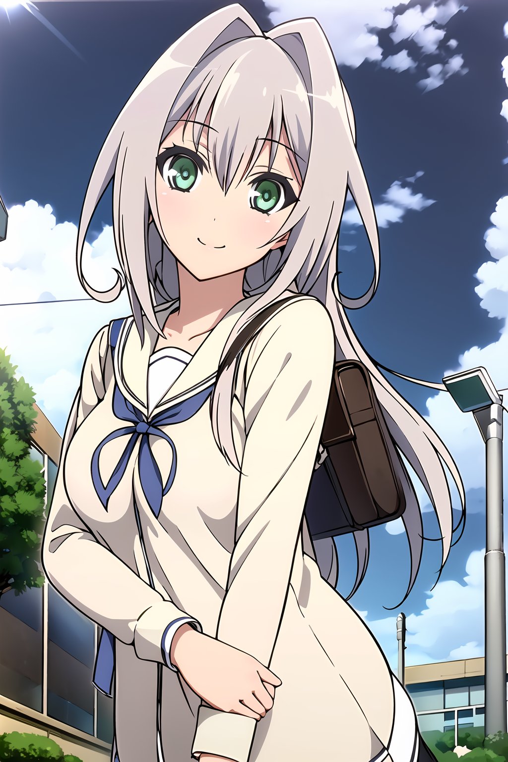 masterpiece, best quality, 1girl, emilia hermit, long silver hair, green eyes, serafuku, large breasts, school courtyard, smile, holding, bookbag, sunny, lens flare, clouds, sky, bright, highly detailed