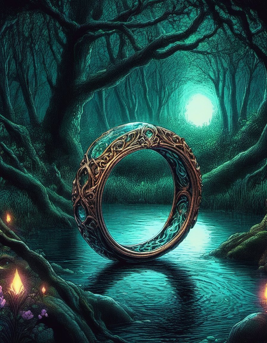 Elven ring with intricate design luminescent glowing water intricately detailed dark spring forest at night background in deep shadows grandiose cinematic lighting strong rim light