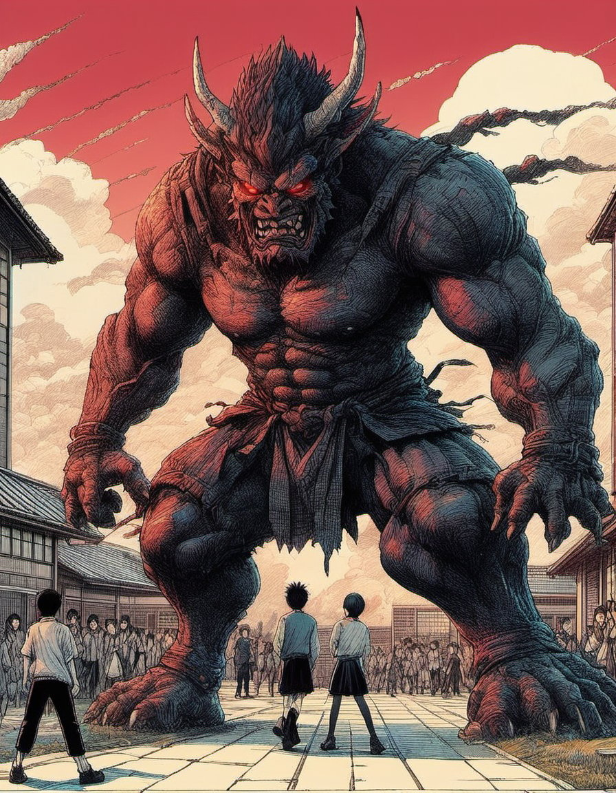 anime style illustration 3 high schoolers clash with giant oni in front of a japanese high school Shōnen art style scenery