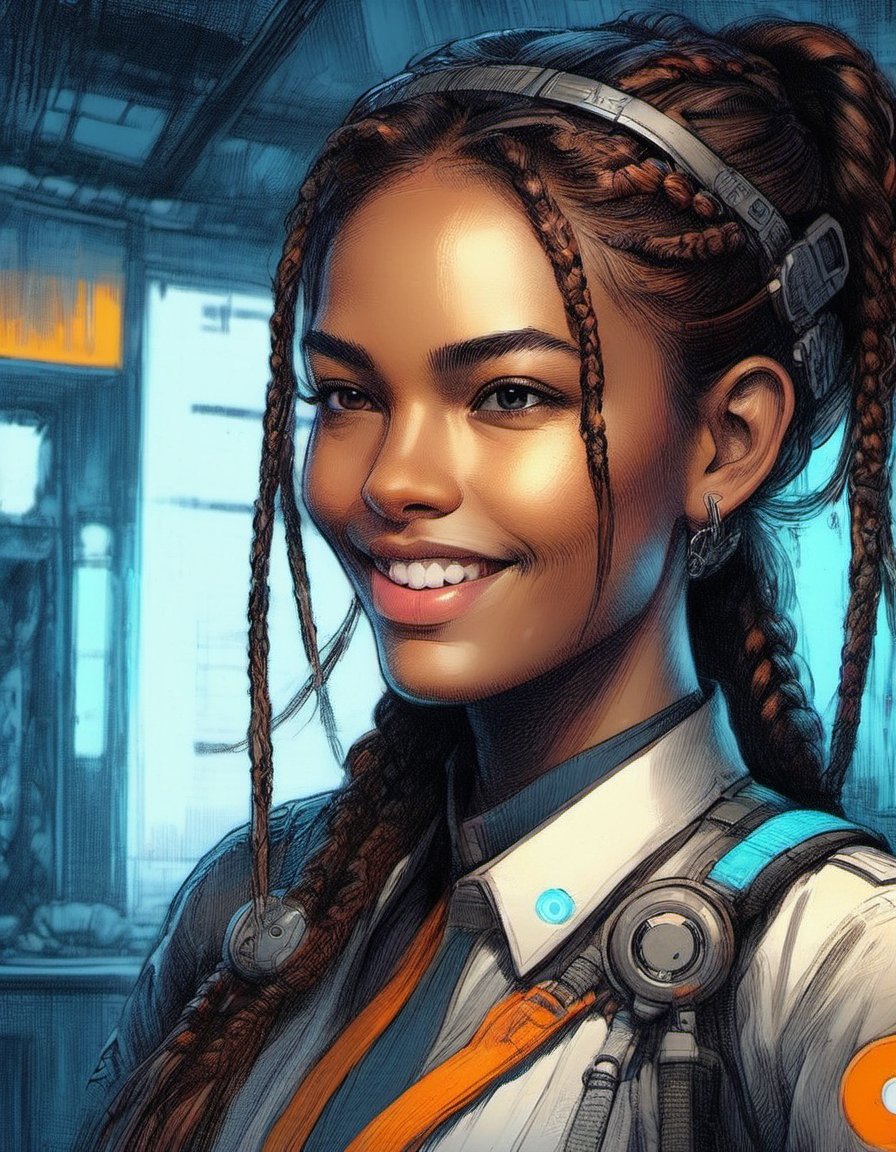 portrait of a beautiful woman smile and with long hair in braids overwatch design techwear full uniform concept art by by craig mullins and jeremy mann background chrome paneling electric displays and analog glowing buttons