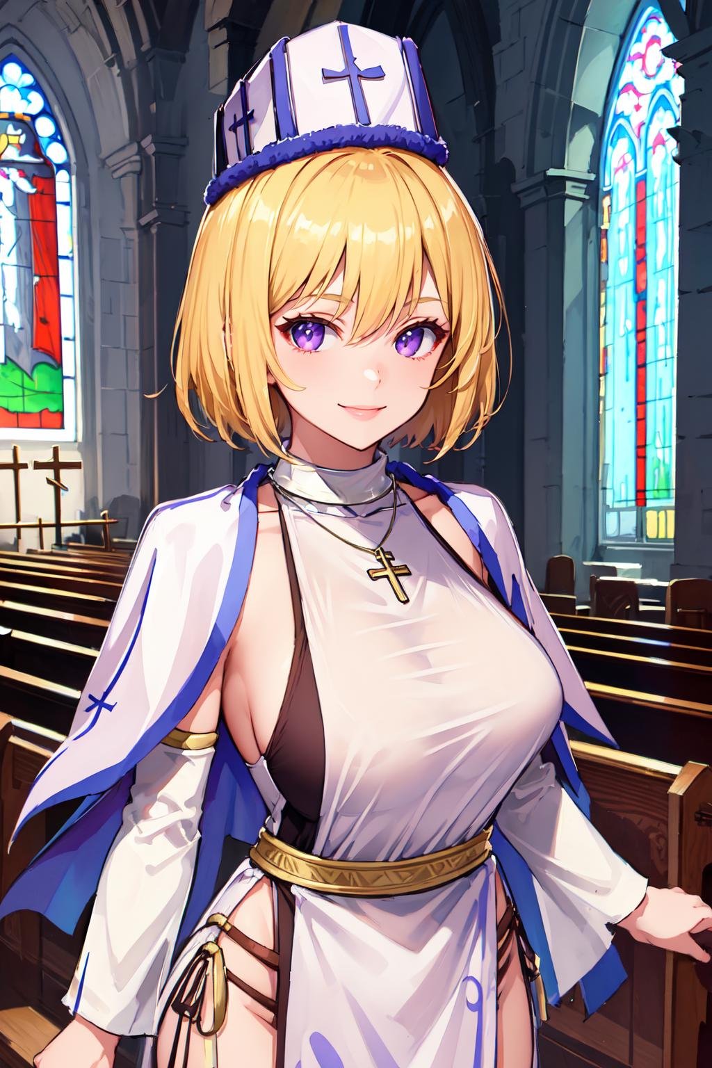 (masterpiece, best quality), indoors, church, sunbeam, 1girl, solo, portrait, ClessGretchen, short hair, blonde hair, purple eyes, large breasts, <lora:ClessGretchen_V1-Manityo-AdamW:1.0>, looking at viewer, smile, mitre, cross necklace, collar, capelet, tabard, white dress, detached sleeves, wide sleeves,