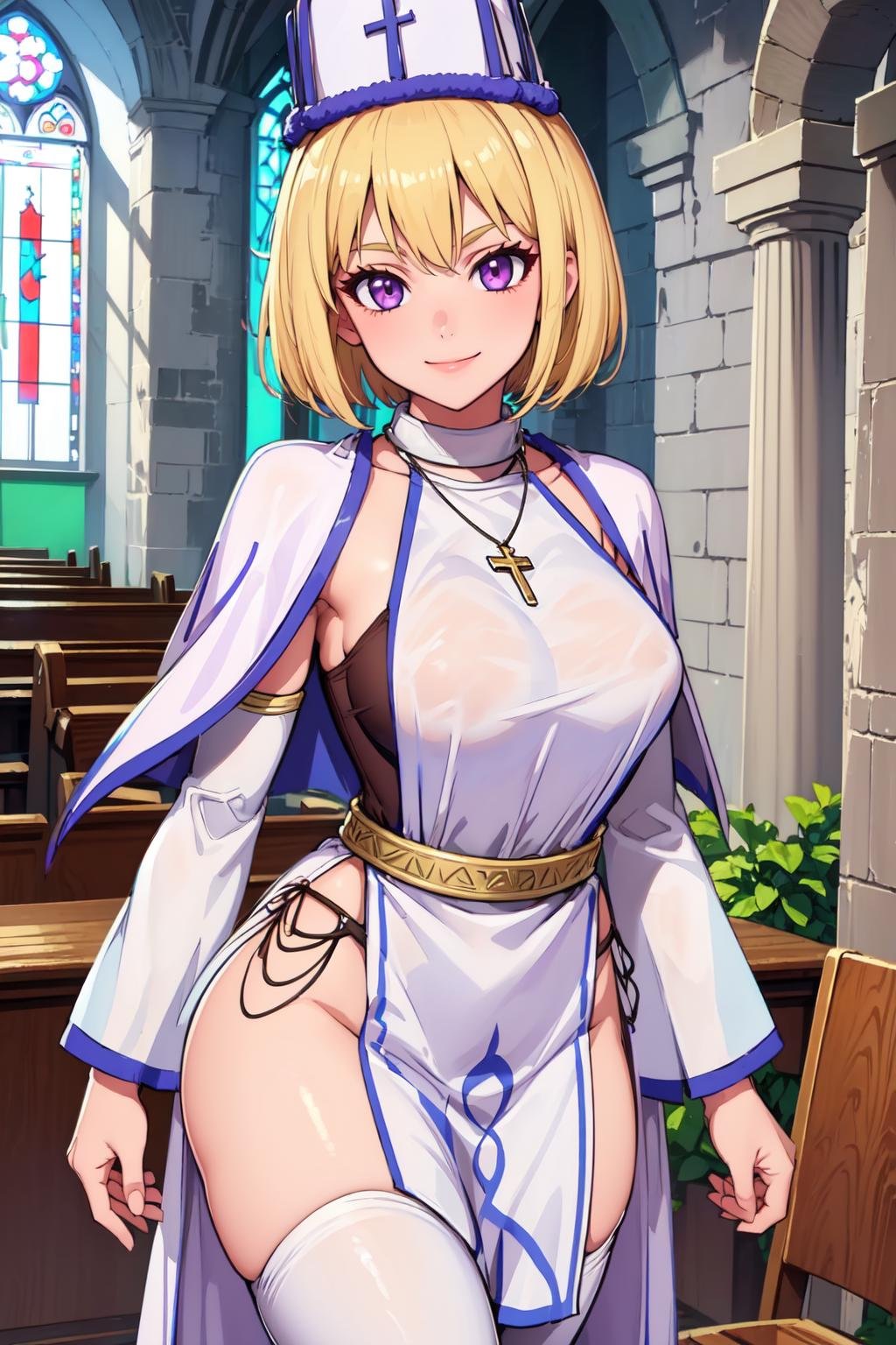 (masterpiece, best quality), indoors, church, sunbeam, 1girl, solo, ClessGretchen, short hair, blonde hair, purple eyes, large breasts, <lora:ClessGretchen_V1-Manityo-AdamW:1.0>, looking at viewer, smile, mitre, cross necklace, collar, capelet, tabard, white dress, detached sleeves, wide sleeves, belt, white thighhighs,