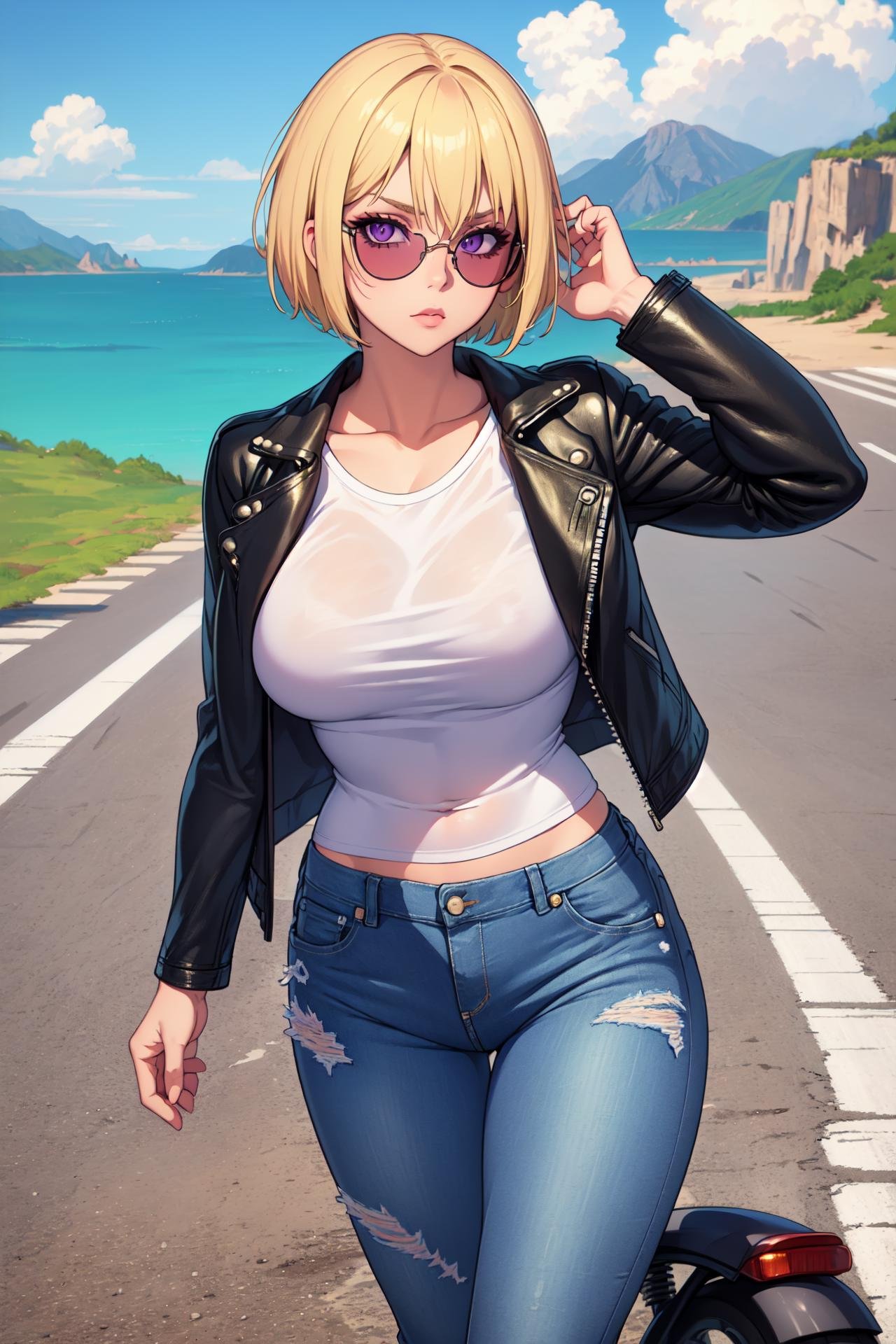 (masterpiece, best quality), outdoors, cliffside, road, 1girl, solo, cowboy shot, ClessGretchen, short hair, blonde hair, purple eyes, large breasts, <lora:ClessGretchen_V1-Manityo-AdamW:1.0>, looking at viewer, cool, sunglasses, leaning, motorcycle, leather jacket, open jacket, white t-shirt, jeans,