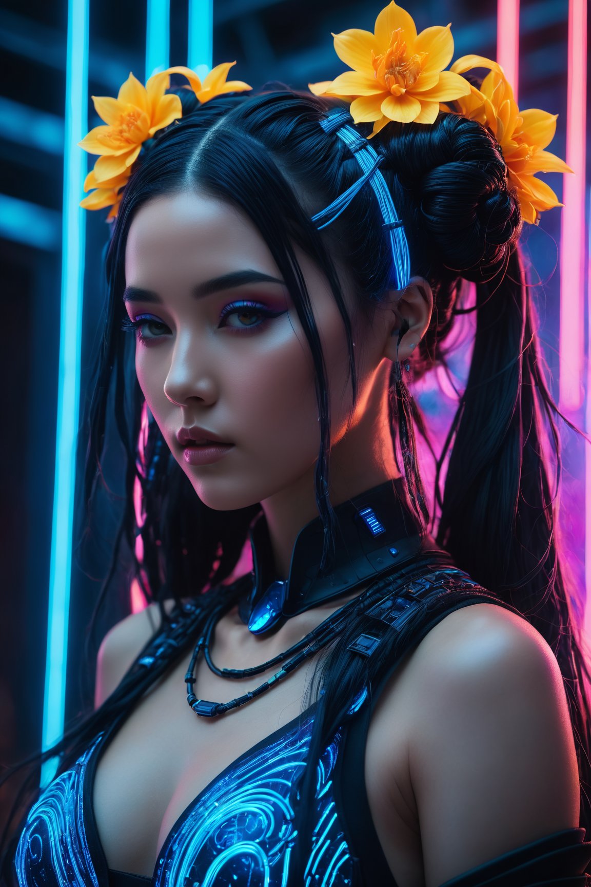 (best quality,8K,highres,masterpiece), ultra-detailed, cyberpunk woman adorned with long black hair fashioned into space buns. In this ethereal scene, she embodies the role of the goddess of horticulture, surrounded by millions of microscopic, ultra-bright blue neon strings emanating from her form. composition showcases a stunningly beautiful backlit silhouette, intricately detailed and adorned with neon clouds, creating a mesmerizing and vivid blue color palette.