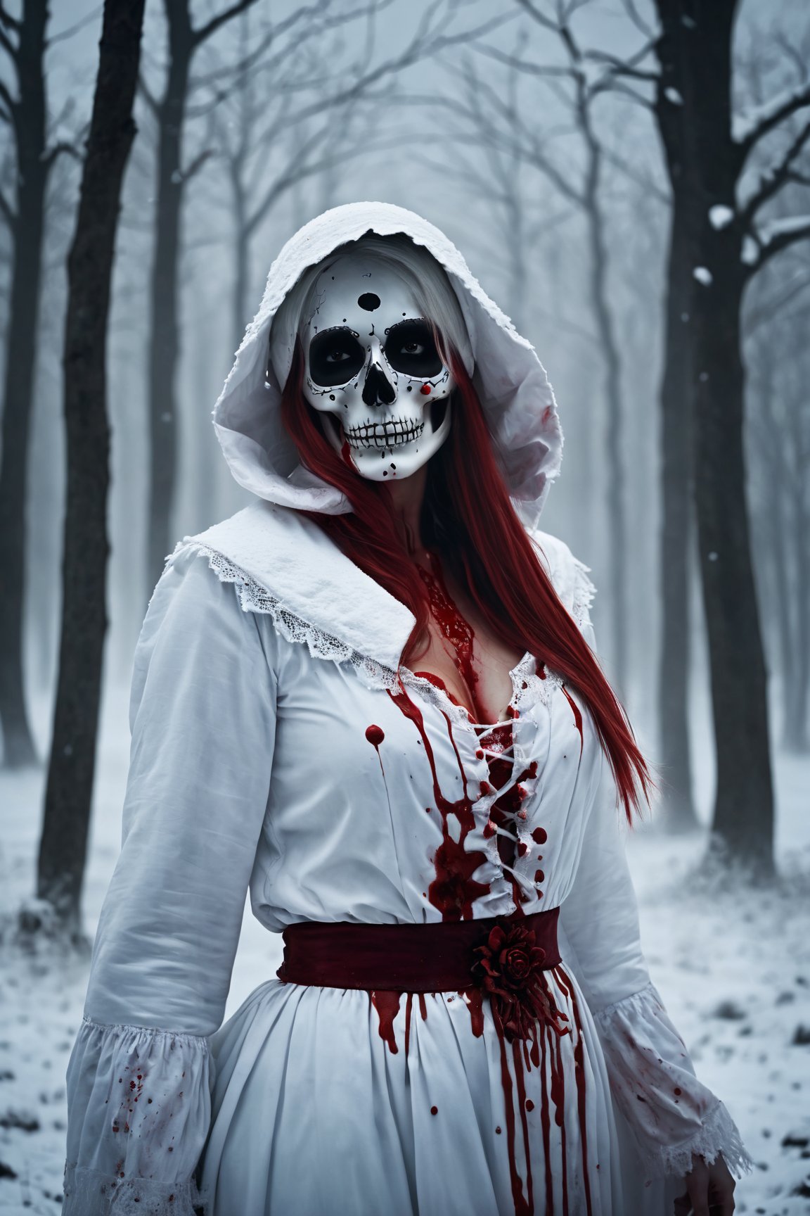 (best quality,highres,masterpiece:1.2),ultra-detailed,realistic, (wintery, snowy),windy (landscape:1.1), (horror, macabre, unsettling), (eerie atmosphere, creepy), (women:1.1, dressed as a snow maiden), (skull:1.1) on her face, (covered in blood), (distorted focus), (haunted), (horror film), (scary, evil)