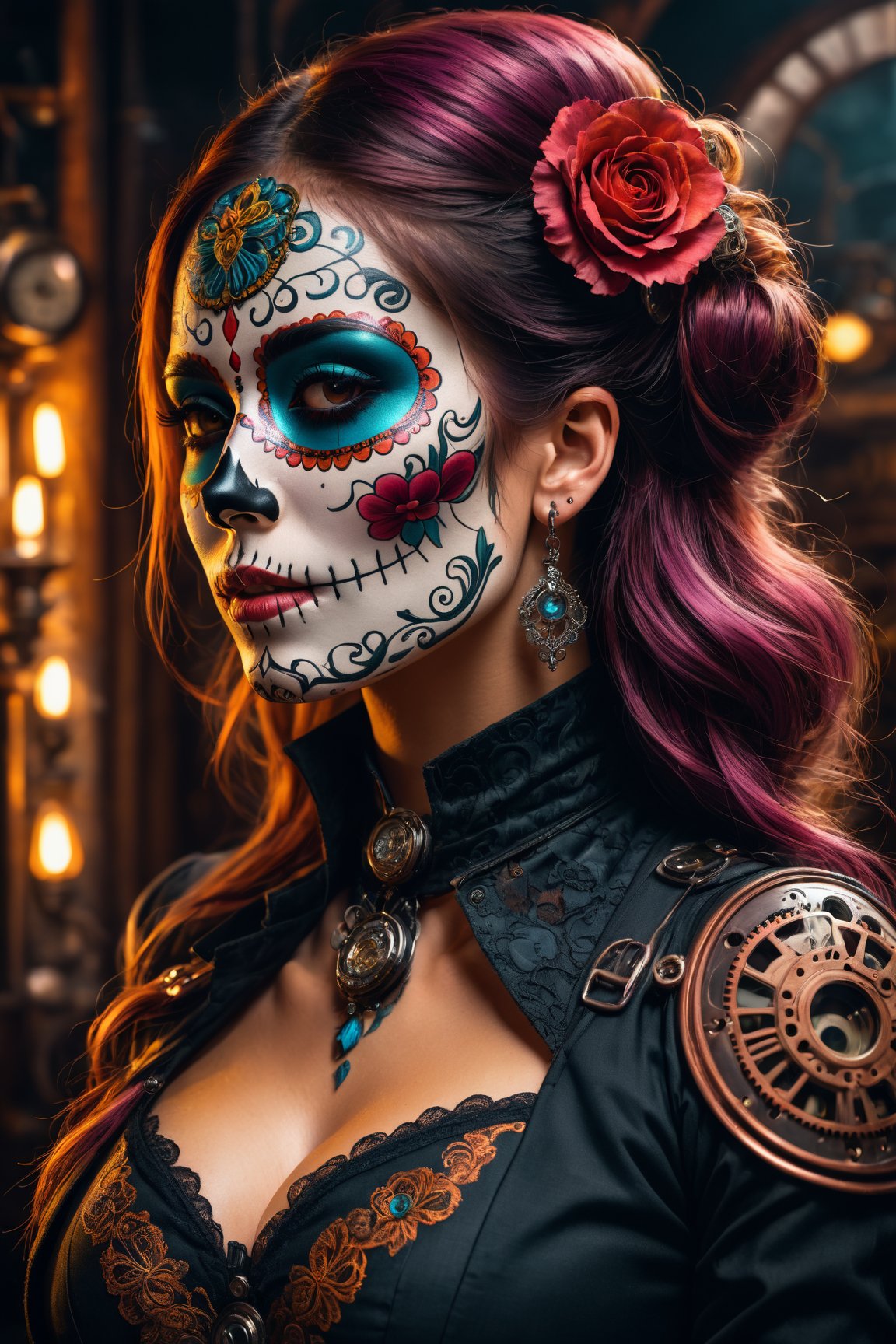 Realistic 8K illustration, (Sugar skull, steampunk:1.4), Woman with tattoo sleeves, Cinematic dynamic viewing angle, Beautiful and captivating, Intricate details and vibrant colors.