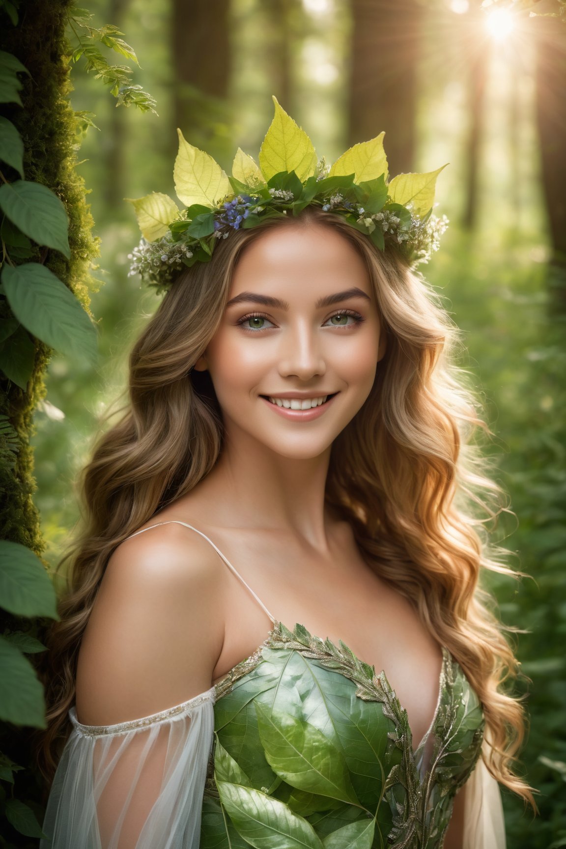 (best quality, 4k, 8k, highres, masterpiece:1.2), ultra-detailed, (realistic, photorealistic, photo-realistic:1.37), nature goddess, leaf body, portrait, cute smile, greenery, wildflowers, breathtaking eyes, serene expression, graceful pose, ethereal beauty, luminous skin, flowing hair, elegant crown of leaves, soft natural light, vibrant colors, mythical essence, surreal atmosphere, dreamlike aura, harmonious connection with nature, enchanted forest.