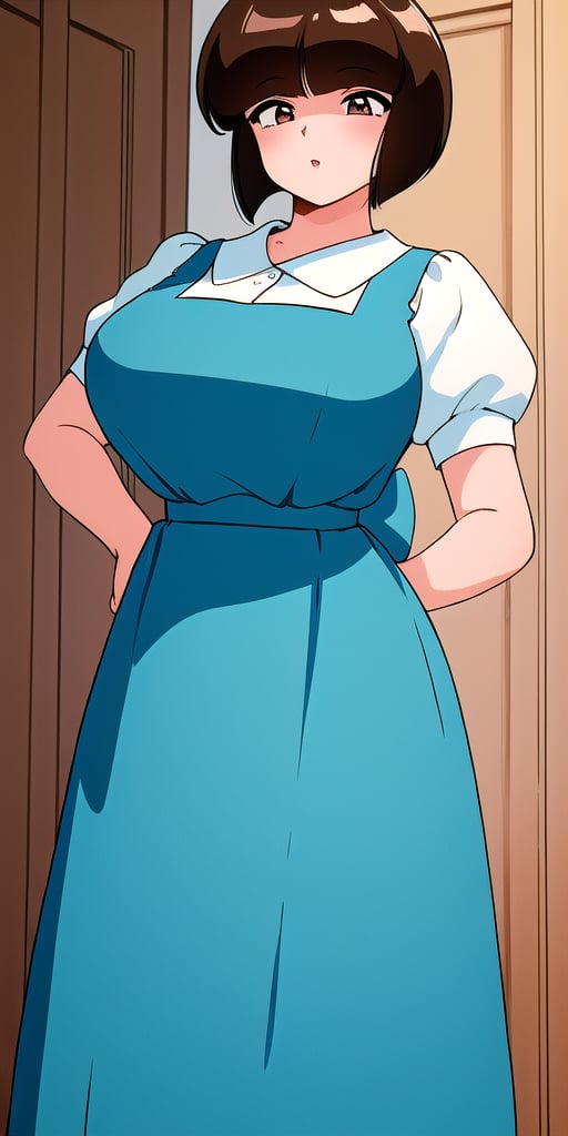 <lora:TendouNabikiV2:0.85> tendounabiki, huge_breasts, standing, solo, School_uniform_Blue_pinafore_dress_Puffy_sleeves_white_collared_shirt_Blue_back_bow, masterpiece, best quality, detailed face, detailed eyes, highres,