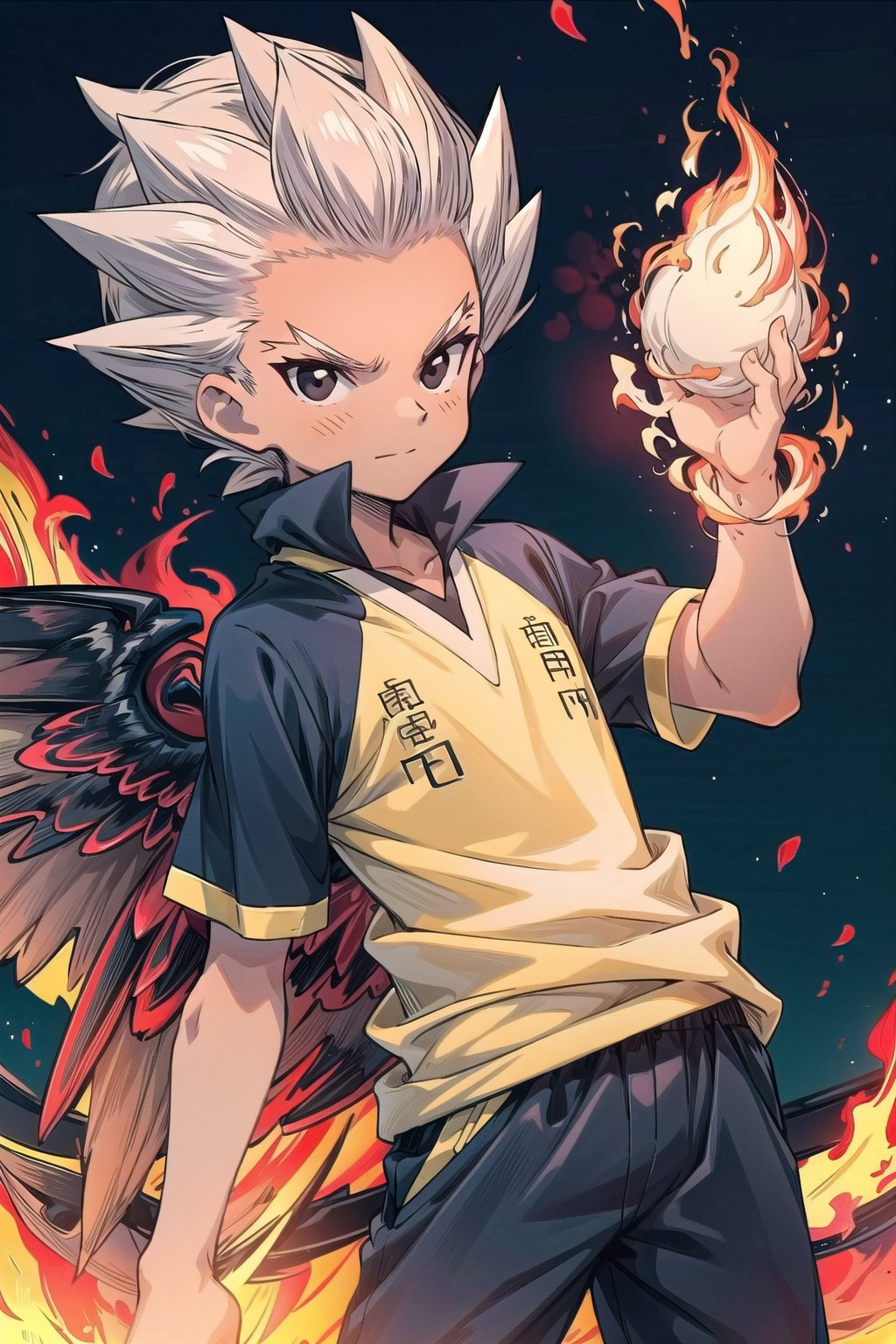 axel_blaze, white hair,  white eyebrows,  black eyes, raimon soccer uniform, 1boy,  male focus, male focus, ,white hair, white eyebrows, black eyes, fire tornado, ((solo))