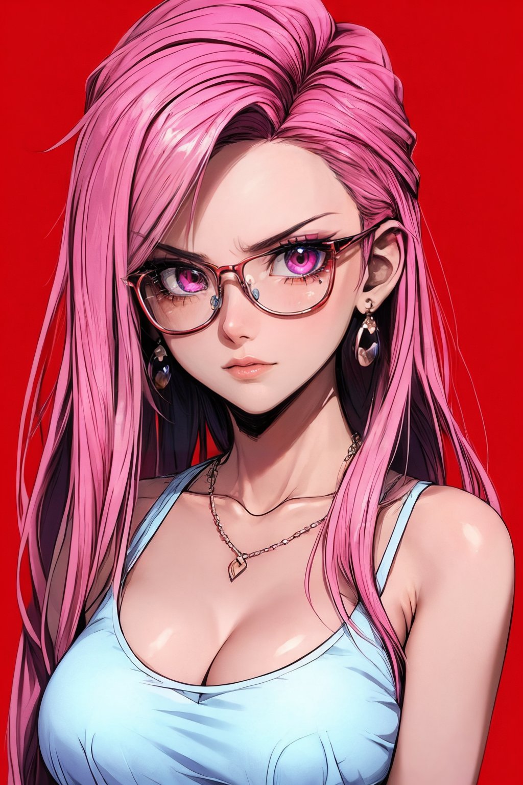 (masterpiece),,(best quality), 

1girl, solo, long hair, looking at viewer, simple background, red eyes, cleavage, bare shoulders, jewelry, closed mouth, upper body, pink hair, earrings, glasses, pink eyes, necklace, frown, tank top, red background