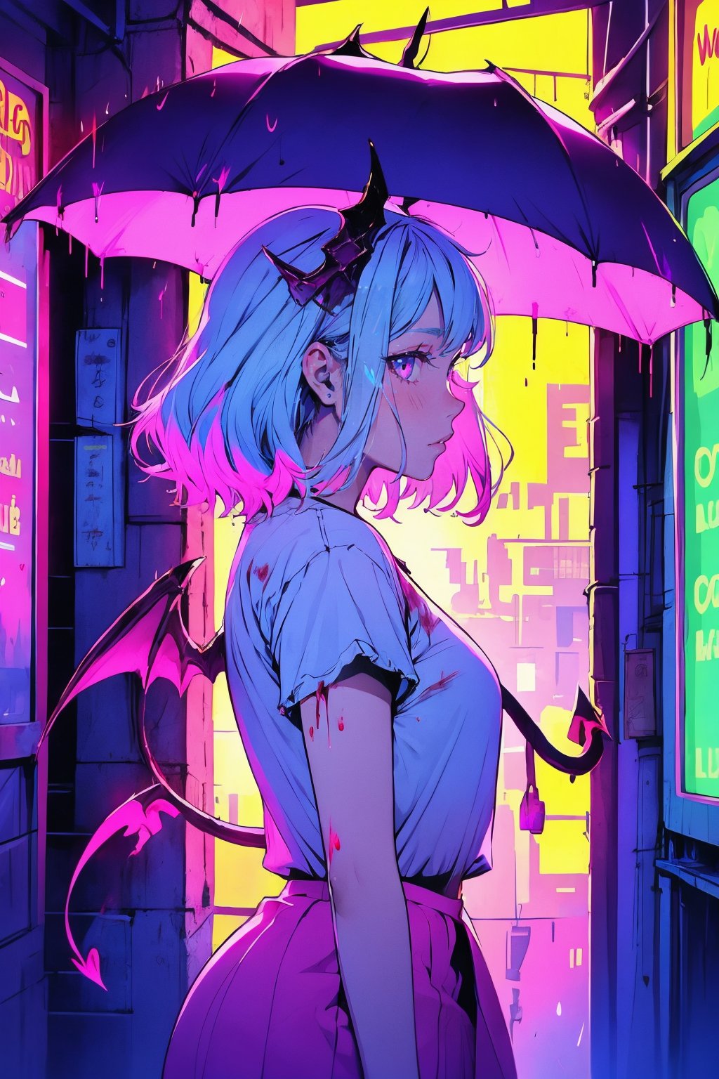 (masterpiece),,(best quality), 

1girl, solo, looking at viewer, shirt, holding, tail, white shirt, pink hair, white hair, short sleeves, heart, outdoors, parted lips, wings, pants, medium hair, pink eyes, from side, blood, profile, umbrella, bat wings, head wings, demon tail, pink skirt, rain, demon wings, blood on face, holding umbrella, vending machine, neon lights
