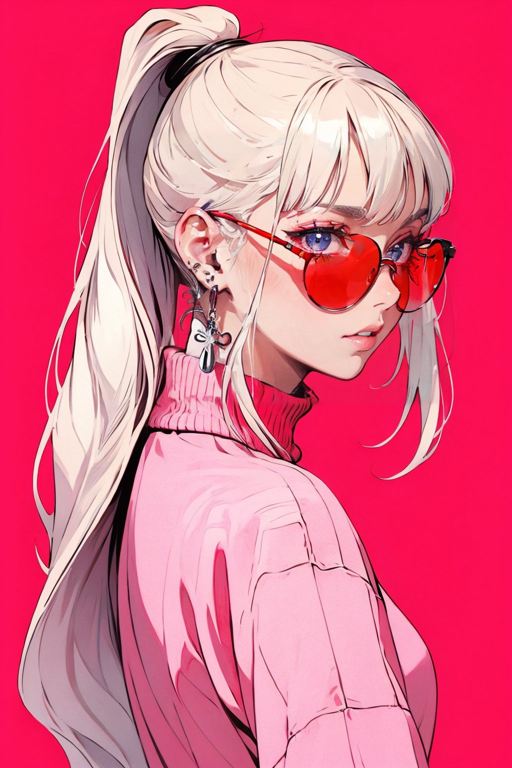 (masterpiece),,(best quality), 
1girl, solo, long hair, looking at viewer, blonde hair, simple background, jewelry, upper body, ponytail, white hair, earrings, from side, sweater, lips, grey eyes, turtleneck, pink background, sunglasses, cross, red background, tinted eyewear, pink theme, pink sweater, cross earrings